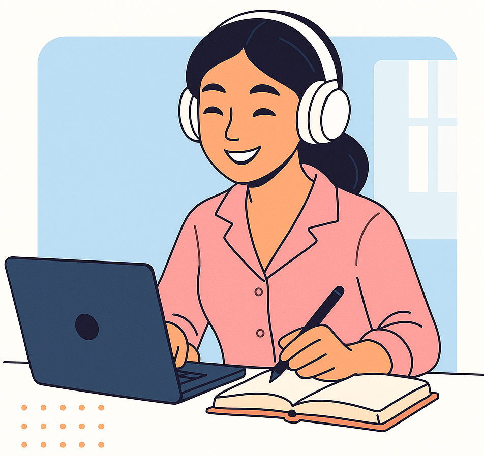 A woman wearing headphones is participating in professional IT training, working on a laptop and writing notes in a notebook. She is smiling and dressed in comfortable clothing.